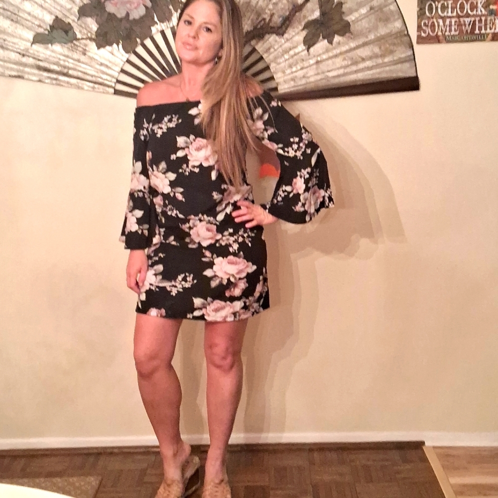 Silky,Sexy,Black with Pink Roses,Off Shoulder,Mini Dress with Long Bell Sleeves